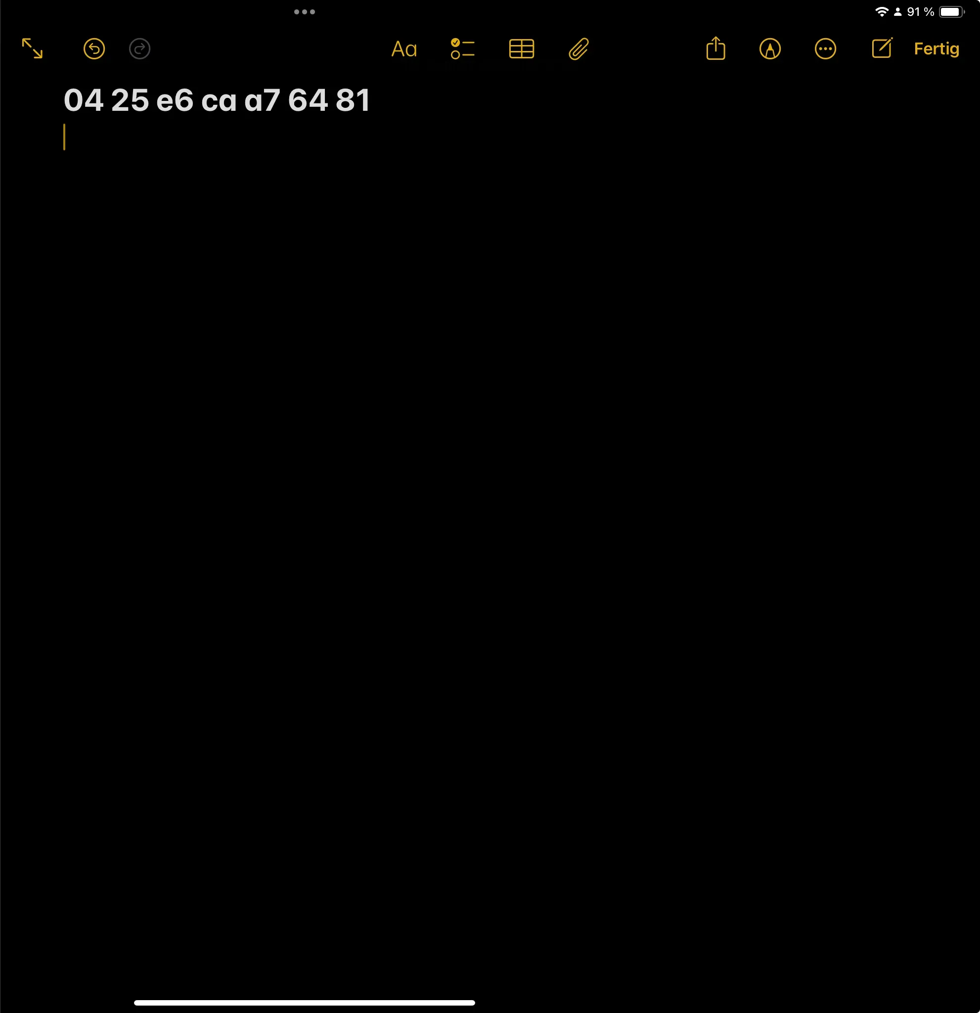 UID eines NFC-Tags, das in der Notizen App angezeigt wird.